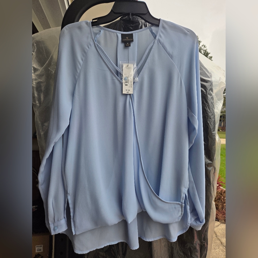 Worthington Light Blue Wrap Style front V-Neck Blouse with Straps - Size M